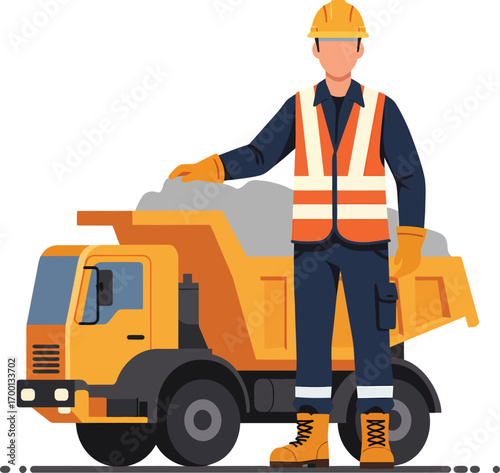 Construction worker standing next to a loaded dump truck.