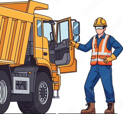 Construction worker standing next to a yellow dump truck with open door.