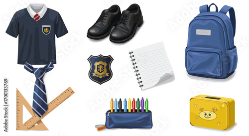 Collection of School Uniform Items and Stationery Supplies on White Background