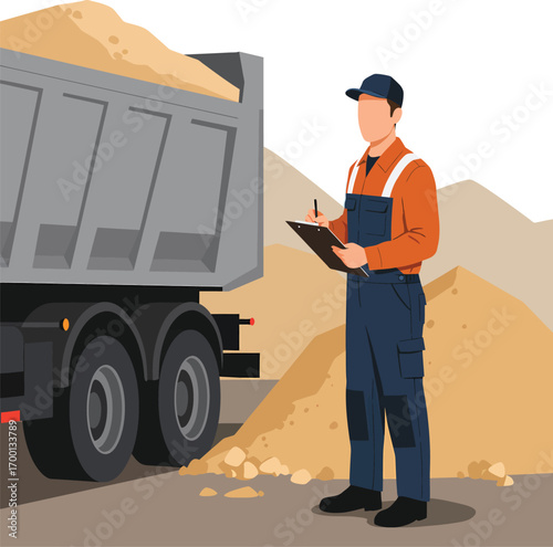 Construction worker with clipboard near dump truck and sand pile 1.