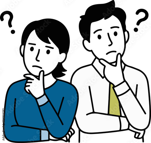 Two people with question marks thinking deep about a problem or decision .eps