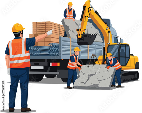 Construction workers operating excavator and loading truck with materials.