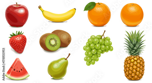 Vibrant Assortment of Fresh Fruits Including Apple Banana Orange Kiwi Grapes Pineapple Strawberry Watermelon Pear Isolated on White Background for Healthy Lifestyle and Diet Concepts