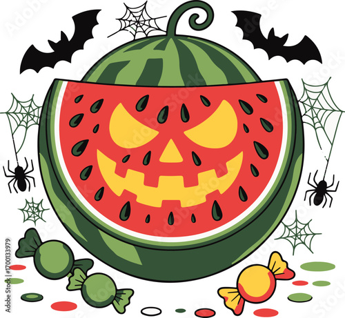 Spooky halloween watermelon jackolantern with bats candy and spiders festive autumn holiday .eps