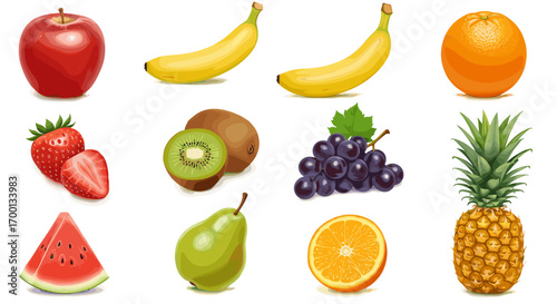 Assortment of Fresh Fruits Including Apple Banana Orange Strawberry Kiwi Grapes Watermelon Pear Pineapple Isolated on White Background