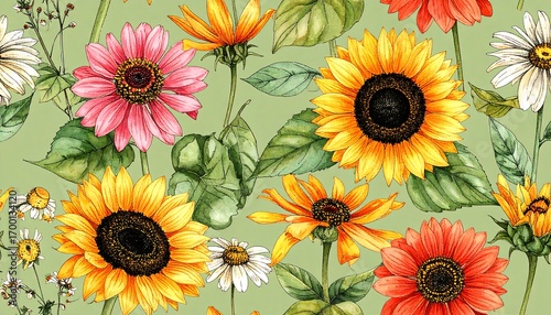Floral seamless pattern of sunflowers, daisies, and other wildflowers in watercolor style on a pale green background