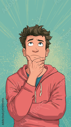 A young man stands thoughtfully with his hand on his chin, wearing a red hoodie. He appears to be pondering a question, lost in contemplation.