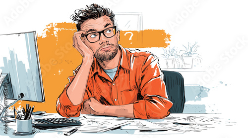 A focused professional sits at a desk with a computer, looking contemplative. Papers and stationery are scattered around, indicating brainstorming and planning efforts.