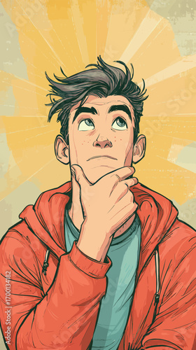 A young man with tousled hair is deep in thought, wearing a casual outfit and a red hoodie. The background features bright rays, adding an energetic feel.