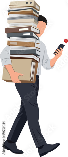 Man carrying large stack of books while looking at smartphone.