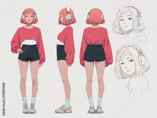 A female character is shown in a red long-sleeve top and black shorts, wearing headphones and standing in multiple poses. Sketches of her face are included in the design.