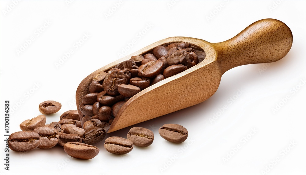 Fototapeta premium A Wooden Scoop Filled With Roasted Coffee Beans With A Few Beans Scattered Around It Isolated On A Transparent Background