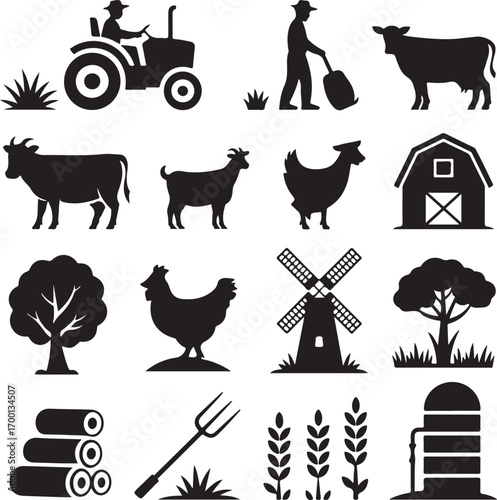 Farm Icons Silhouette Collection With Tractor Cow Chicken And Barn Keywords: farm, agriculture