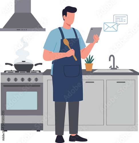Man in Apron Using Tablet While Cooking in Kitchen.