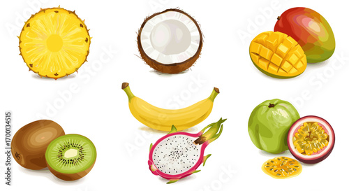 Vibrant Assortment of Exotic Tropical Fruits Including Pineapple Coconut Mango Banana Kiwi Dragon Fruit Guava and Passion Fruit Isolated on White Background