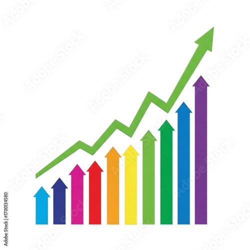 Free Download Colorful rising bar graph with a green arrow showing upward trend isolated on transparent background - GFXLoad