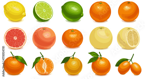 Assortment of Fresh Citrus Fruits Isolated on a Clean White Background