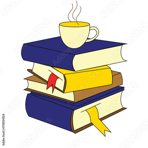 "Books with steaming coffee cup for reading and learning"