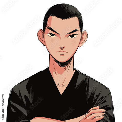 A young martial artist stands with arms crossed and a serious expression, showcasing confidence and focus in a black uniform. The setting emphasizes determination.