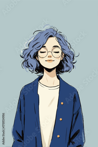 A young woman stands with a serene expression, her curly blue hair framing her face. She wears glasses and a stylish outfit, exuding confidence and calmness.