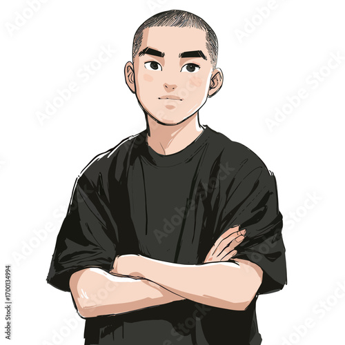 A young individual stands confidently with arms crossed, wearing a simple black t-shirt. The expression reflects determination and composure in a minimalist style.
