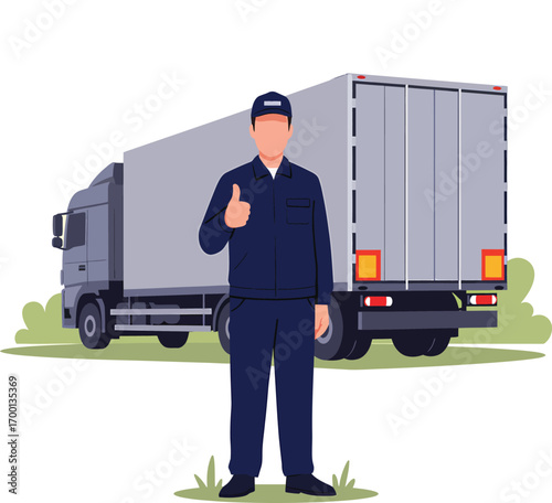 Truck Driver Giving Thumbs Up in Front of SemiTrailer Truck.