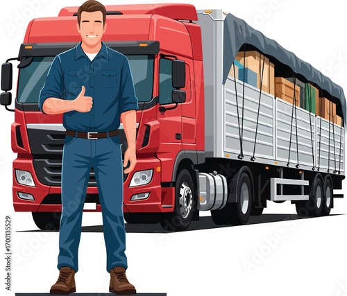 Truck Driver Giving Thumbs Up Next to Red SemiTrailer Truck.