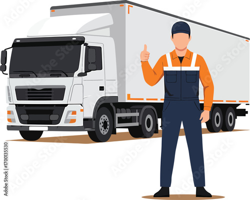 Truck Driver Giving Thumbs Up Next to SemiTrailer Truck.