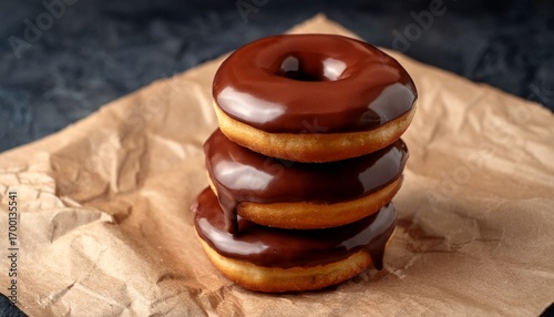 A Stack Of Mini Chocolate Donuts With A Glossy Glaze On A Brown Parchment Paper