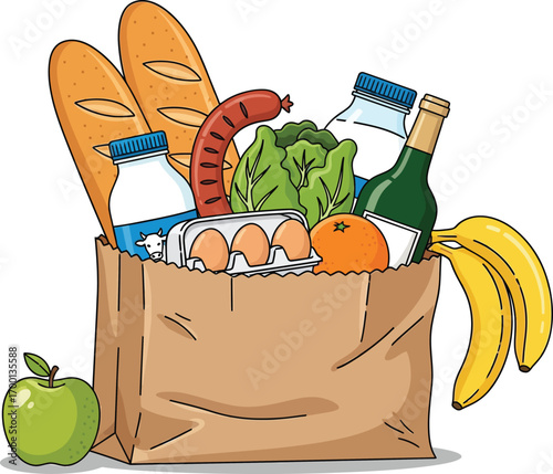“Grocery Bag Bounty” stylized illustration—colorful food items including bread, produce, dairy, and beverages for nutrition UX, lifestyle branding, and educational storytelling