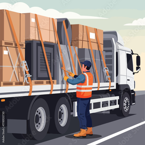 Trucker Securing Cargo with Straps on a Flatbed Truck.