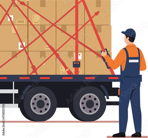 Trucker Securing Cargo with Straps and Tablet.