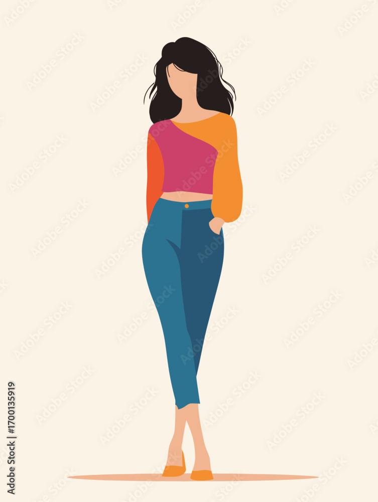 A woman showcases a modern, colorful ensemble with an asymmetric top and fitted pants, exuding confidence and style in a minimalist setting.