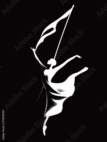 A dancer in a flowing garment strikes an elegant pose while holding a flag, creating a striking silhouette against a black background.