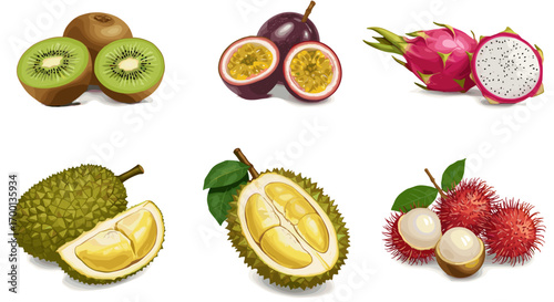 Exotic Tropical Fruits Assortment Whole and Halved Isolated on White Background Healthy Food Concept