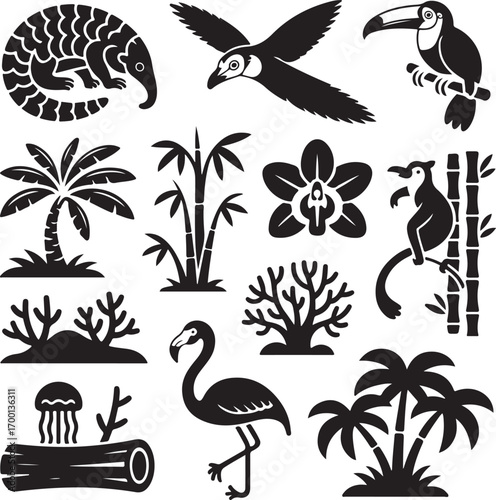 Tropical Animals Plants and Coral Silhouettes Keywords: tropical, animal, pangolin, bird, toucan