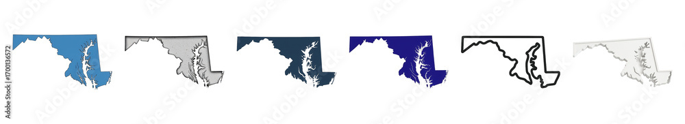 Fototapeta premium Maryland state map set including solid, textured, outline, and 3D styles isolated. USA geography and political graphic collection.