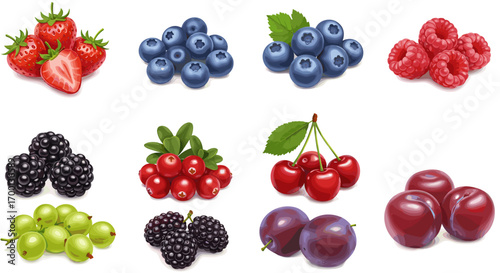 Fresh Ripe Berries Collection Assortment Isolated on White Background Healthy Food Concept