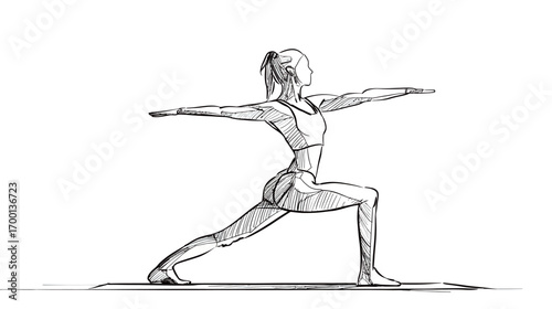 A woman is practicing the warrior pose in a yoga class. She is focused and maintaining her balance, showcasing strength and flexibility in a serene environment.