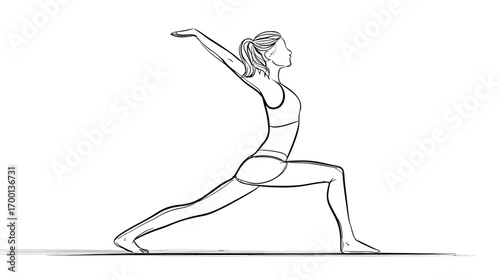 A woman performs a warrior pose, showcasing strength and balance on a yoga mat in a serene indoor setting. Soft daylight illuminates the space.