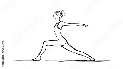 A woman performs the warrior pose in a yoga class, focusing on her breath and alignment. Morning light streams in through the window, creating a serene atmosphere.