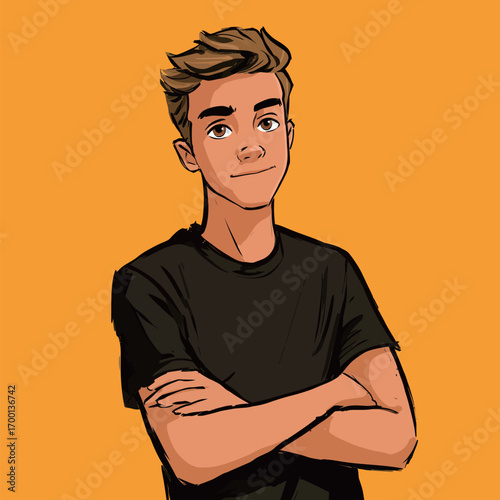 A young man stands confidently with his arms crossed wearing a black shirt. He poses against a vibrant yellow background that enhances his expression.