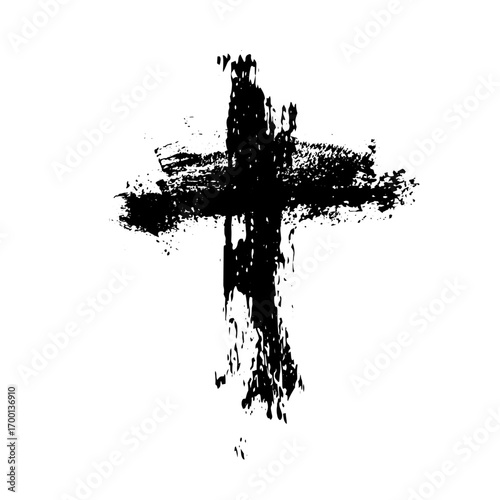 Christian cross vector. Black blotted cross. hand drawn. Not AI, Vector.