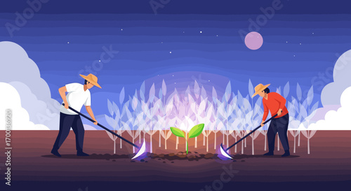 Farmers cultivate a tiny seedling under a starry night sky highlighting agricultural innovation and growth
