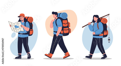 Three adventurers exploring nature with backpacks and gear ready for exploration