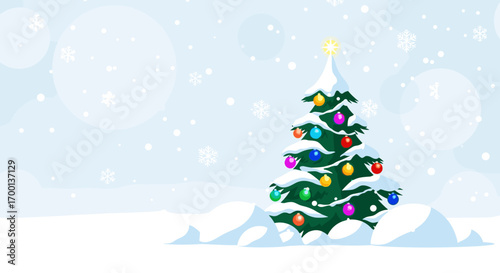 A beautifully decorated christmas tree stands tall in a snowy winter wonderland scene during the holiday season