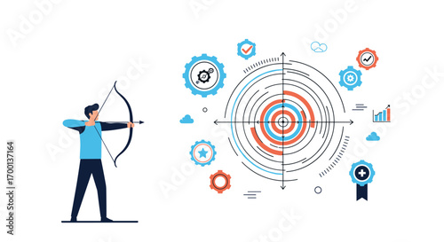 Archer aims carefully at target with business analytics and strategy icons surrounding aim