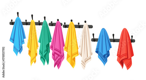 Colorful towels hanging on a wall mounted rack for bathroom or kitchen use displayed against a white background
