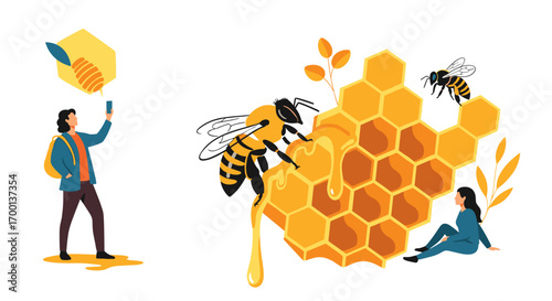 People enjoying sweet honeycomb harvested by busy bees in a natural apiary scene