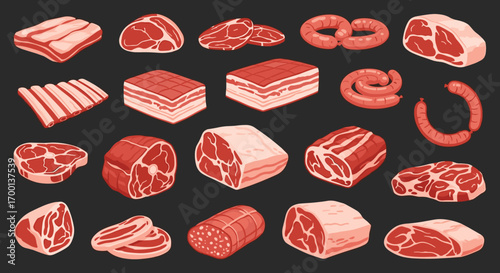 Collection of fresh raw meat cuts and sausages displayed on a dark background